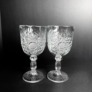 Vintage Set Of 2 Libbey Hobstar Water Wine Glasses Goblets Clear Pressed Glass